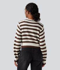 Round Neck Long Sleeve Stripe Work Cardigan