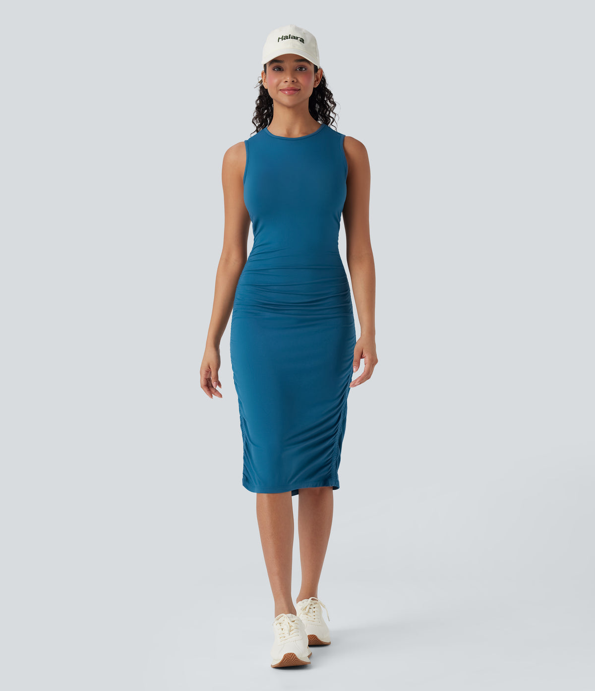 Round Neck Sleeveless Ruched Casual Bodycon Dress
