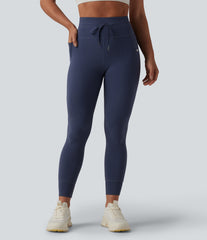 High Waisted Drawstring Houndstooth Tapered Yoga Leggings with Pockets