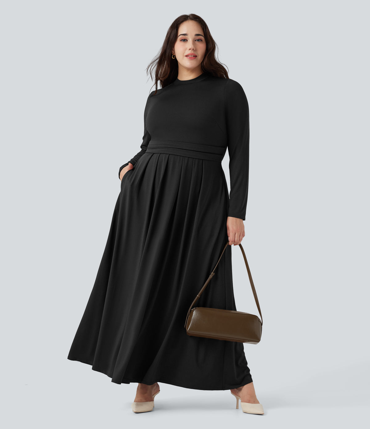 Mock-neck Long Sleeve Flare Maxi Casual Plus Size Dress with Pockets