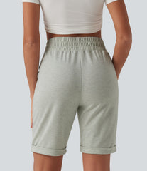High Waisted Rolled Hem Casual Bermuda Sweat Shorts with Pockets
