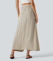 High Waisted Split Hem Maxi Casual Linen-Feel Skirt with Pockets