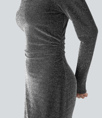Tie Back Cut-out Long Sleeve Split Hem Midi Sparkle Party Dress