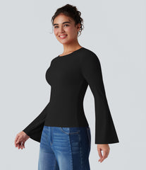 Ribbed Knit Round Neck Flounce Long Sleeve Casual Top