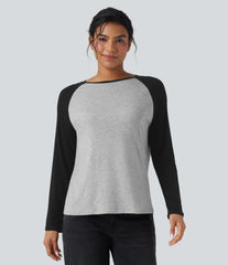 Round Neck Raglan Long Sleeve Color Block Casual Top