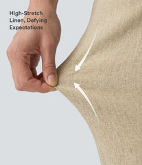 High Waisted Wide Leg Curved Hem Cropped Casual Stretch Linen Pants with Pockets