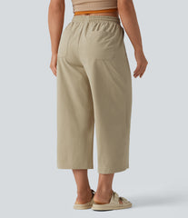 Mid Rise Drawstring Cropped Stretchy Poplin Casual Baggy Pants with Pockets