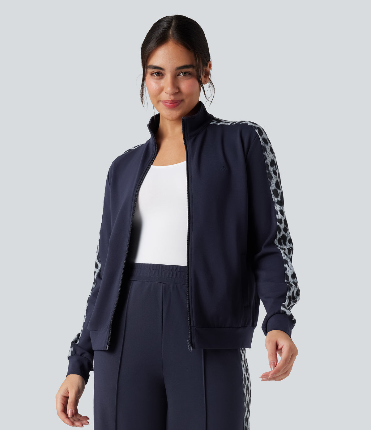 Stand Collar Contrast Leopard Casual Jacket with Pockets