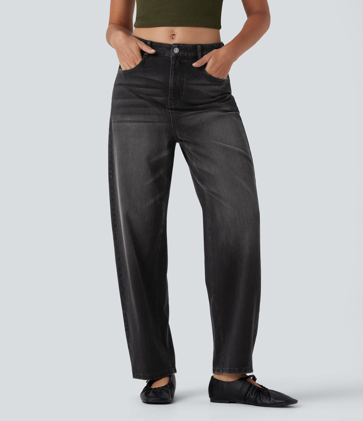 Halara Flex™ High Waisted Washed Casual Barrel Leg Jeans with Pockets