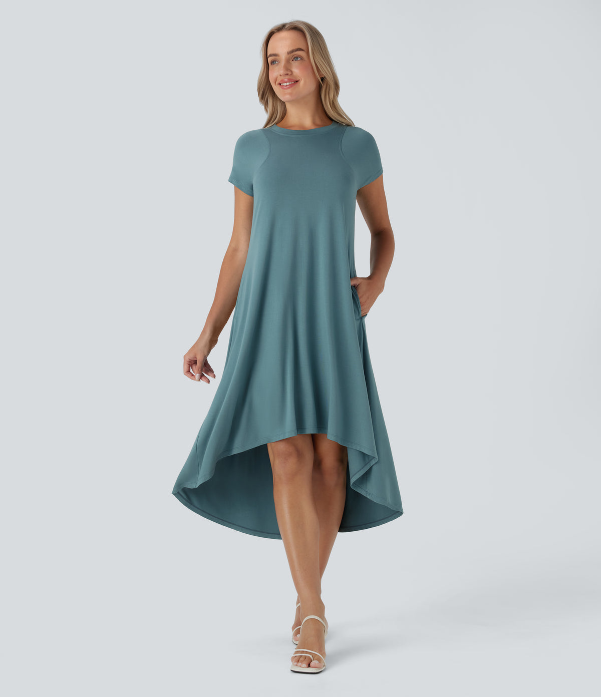Round Neck Short Sleeve Pocket High Low Flowy Midi Casual Dress