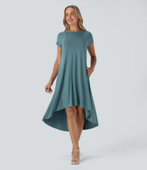 Round Neck Short Sleeve Pocket High Low Flowy Midi Casual Dress