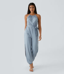 Sleeveless Tie Back Belted Pocket Cut Out InstantCool Jumpsuit-UPF50+