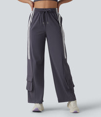 High Waisted Drawstring Colorblock Stripes Quick Dry Workout Cargo Pants with Pockets