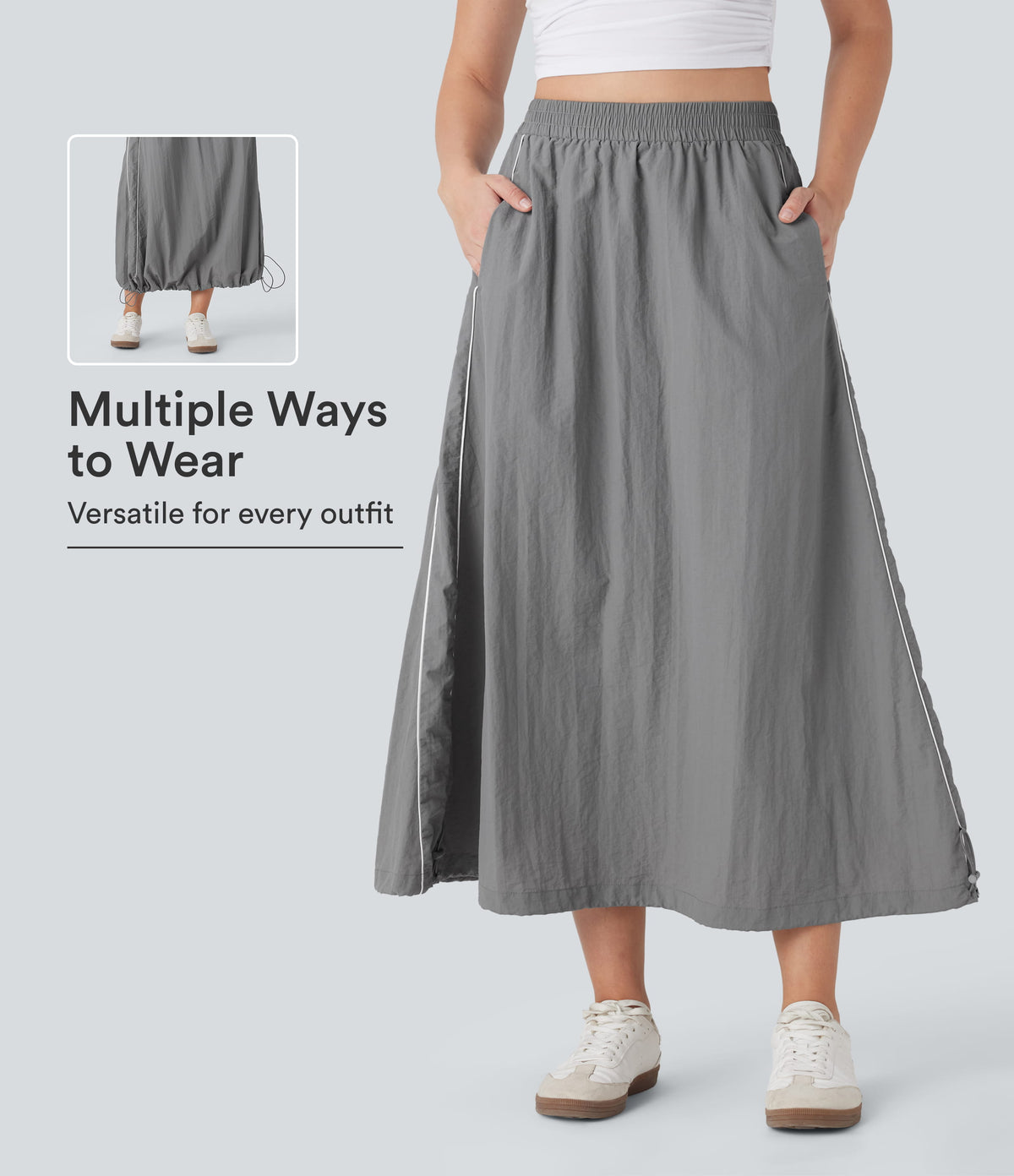 High Waisted Color Block Stripe Cinchable Hem A-line Midi Casual Skirt with Pockets