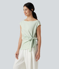 Boat Neck Cap Sleeve Tie-side Casual Linen-Blend Blouse