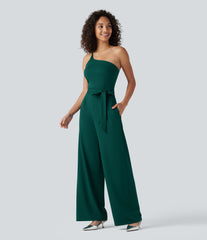 One Shoulder Sleeveless Belted Built-in Bra Party Jumpsuit with Pockets- Easy Peezy