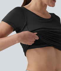 Ribbed Boat Neck Short Sleeve Ruched Built-in Bra Casual Slim T-Shirt
