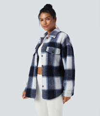 Collar Long Sleeve Curved Hem Casual Shacket Sherpa Jacket with Pockets