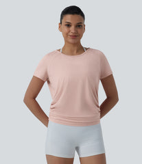Round Neck Short Raglan Sleeve Cut-out Back Ruched Yoga Sports Top