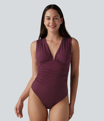 Ribbed V Neck Sleeveless Built-in Bra Ruched Casual Bodysuit