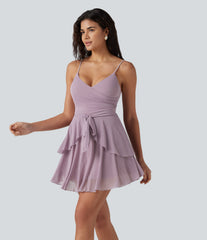 V-neck Tie Mesh Tiered Hem Built-in Bra Mini Bridesmaid And Wedding Guest Slip Dress