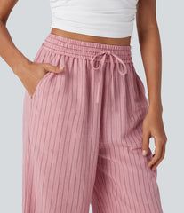 High Waisted Drawstring Wide Leg Baggy Stripe Casual Linen-Feel Pants with Pockets