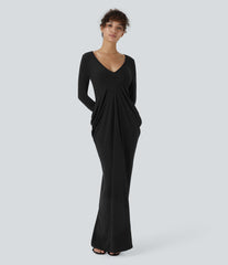 Deep V Neck Long Sleeve Stacked Ruched Maxi Casual Dress