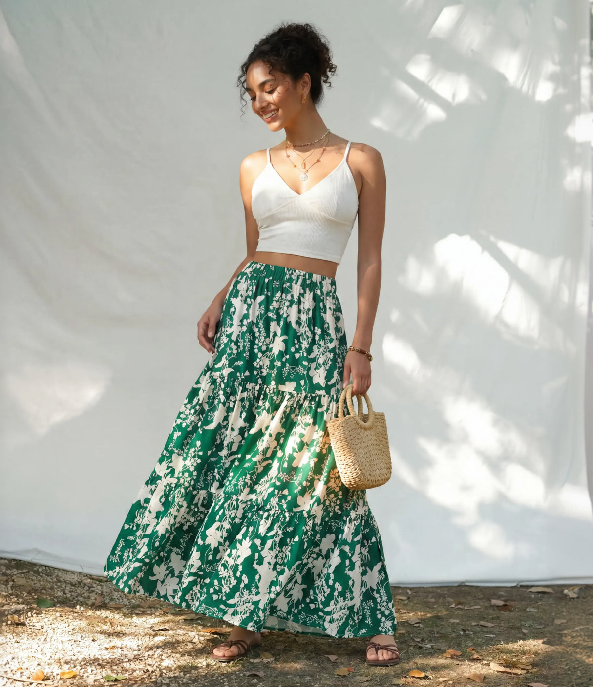 High Waisted Floral Print Tiered Maxi Resort Flowy Skirt