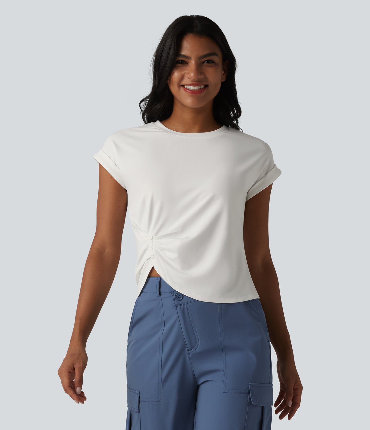 Round Neck Short Sleeve Curved Split Hem Casual T-Shirt