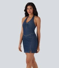 Halara Flex™ Halter Bodycon 2-Piece InstantCool Washed Denim Mini Tennis Active Dress with Pockets
