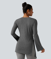Round Neck Long Sleeve Tie Side Asymmetric Hem Casual Top