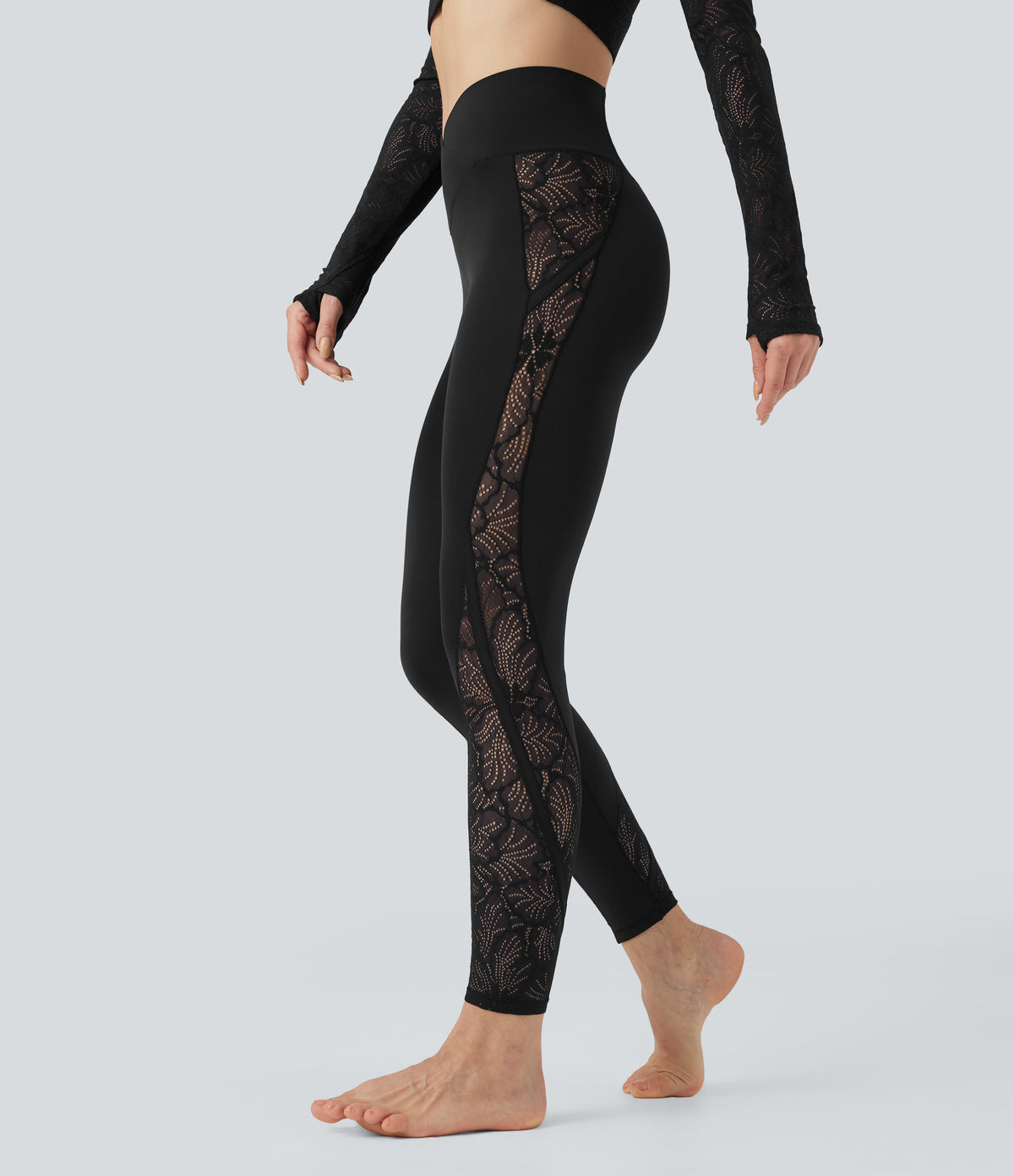 SoftlyZero™ Crossover Mid Rise Contrast Lace Yoga Leggings with Pocket-UPF50+