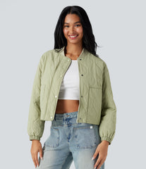 Stand Collar Long Sleeve Casual Bomber Quilted Jacket with Pockets
