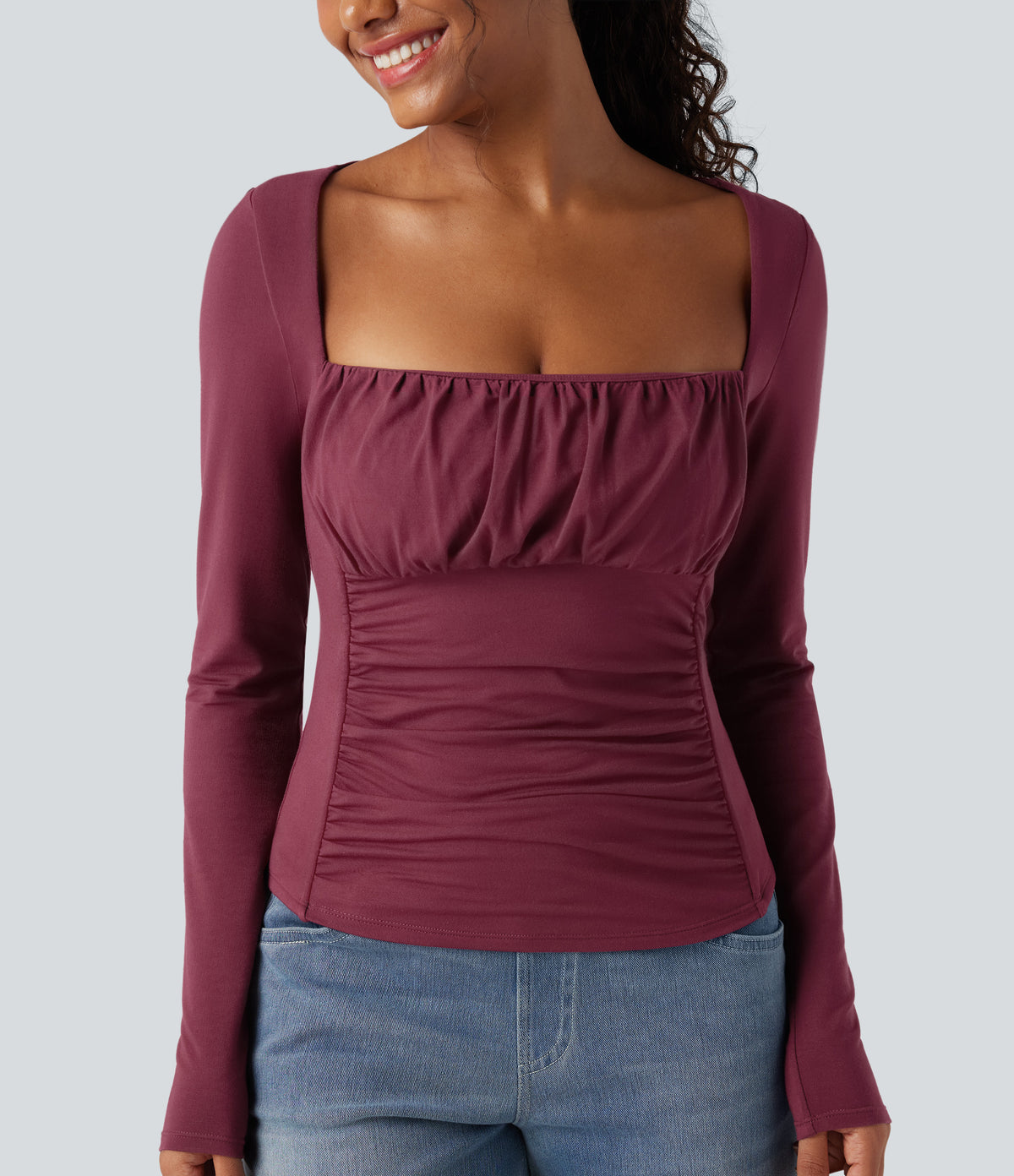 Square Neck Ruched Long Sleeve Casual Top