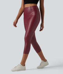 High Waisted Stretchy PU Casual Capri Leggings with Pockets