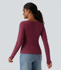 Square Neck Ruched Long Sleeve Casual Top