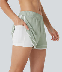 Low Rise Color Block Curved Hem 2-in-1 InstantCool Quick Dry Running Shorts with Pocket