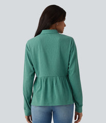 Collar Long Sleeve Ruffle Hem Crinkle Relaxed Casual Peplum Shirt with Pockets