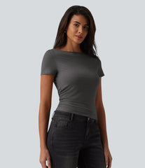 Boat Neck Short Sleeve Ruched Casual T-Shirt