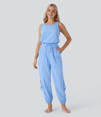 Sleeveless Cut Out Drawstring Pocket InstantCool Yoga Jumpsuit-UPF50+
