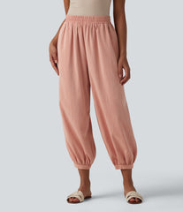 High Waisted Barrel Leg Casual Linen-Feel Pants with Pockets
