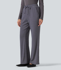 Ribbed Knit Stripes Mid Rise Drawstring Casual Bootcut Pants with Pockets