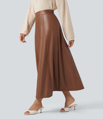 High Waisted Maxi Fleece Casual PU Leather Skirt