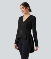 V Neck Long Sleeve Ruffe Hem High Low Work Coat