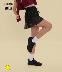 Halara X Smiley® High Waisted Drawstring Contrast Mesh 2-in-1 Flowy Mini Flare Dance Skirt with Pockets