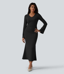 V Neck Flounce Long Sleeve Mermaid Midi Casual Dress