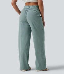 High Waisted Lettuce Trim Belted Straight Leg Casual Linen-Feel Pants with Pockets