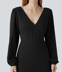 V-neck Bishop Long Sleeve Tie Back Split Maxi Bridesmaid And Wedding Guest Dress