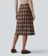 Mid Rise A-Line Plaid Midi Work Skirt with Pockets