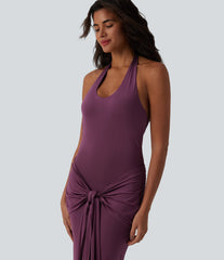 Halter Tie Front Bodycon Ruched Stretchy Satin-Like InstantCool Maxi Dress